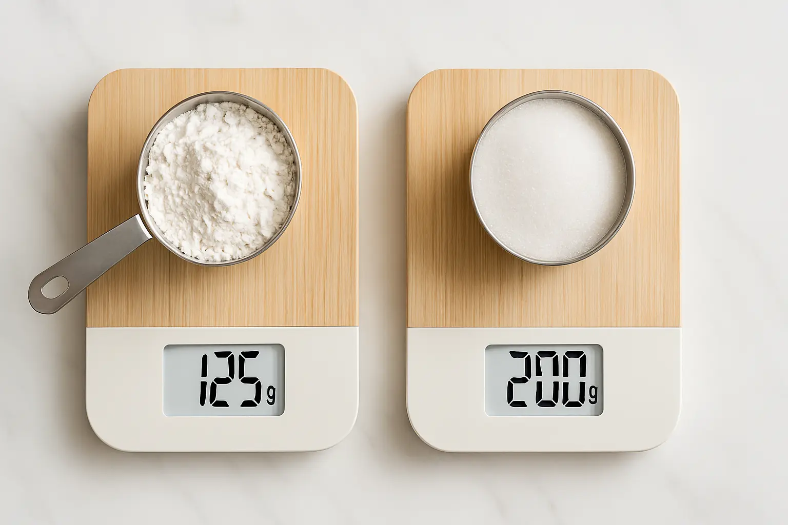 Measuring cups and kitchen scale showing cup to gram conversion for baking ingredients: flour, sugar, butter